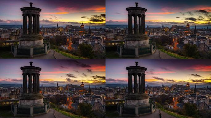 时间流逝: 爱丁堡的天际线从黄昏的卡尔顿山-英国苏格兰