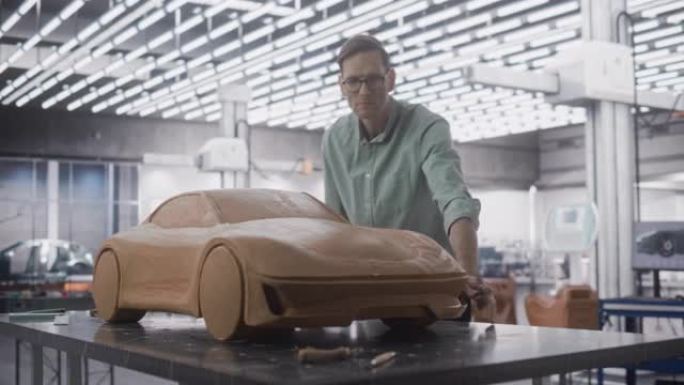 汽车建模师享受由橡皮泥造型粘土制成的概念车的创造性工作过程。英俊的设计师使用刮铲来平滑现代电动汽车的