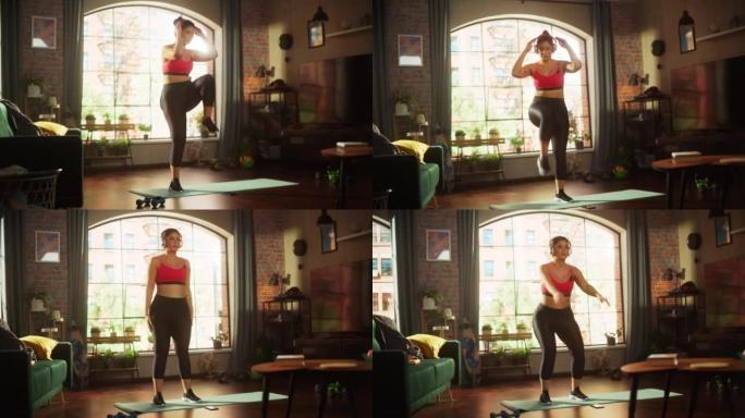 美丽的运动加大码身体积极的运动女人使用智能手机健康健身跟踪应用程序，在家做有氧运动，蹲下，膝盖到肘部