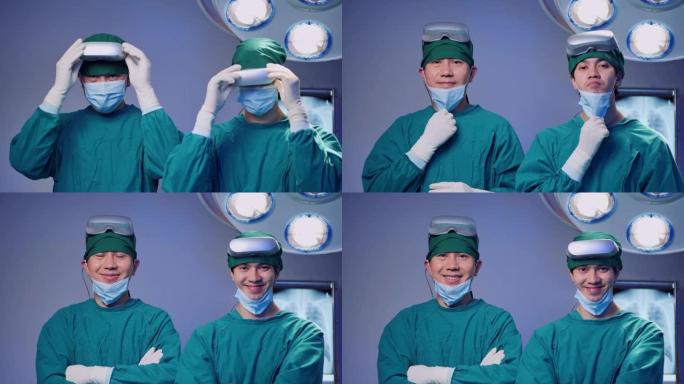 肖像两名年龄30-34岁的亚洲男医生在医院执行手术室的外科医生团队戴着虚拟现实耳机，在医疗诊所看相机