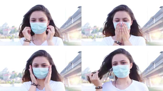 年轻的成年妇女戴着污染面具，以保护自己免受病毒侵害。