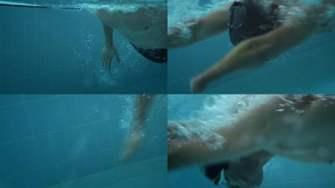 残奥会截肢者专业游泳运动员蝶泳在室内游泳池游泳