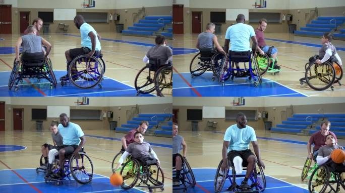 男子打轮椅篮球，运球和射击