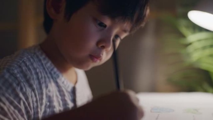 亚洲男孩晚上用数字平板电脑做作业