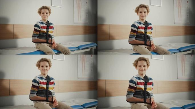 一个健康的年轻英俊的十几岁的男孩坐在长椅上，他的手在一个健康诊所的手臂支撑。穿着彩色毛衣的孩子在医院