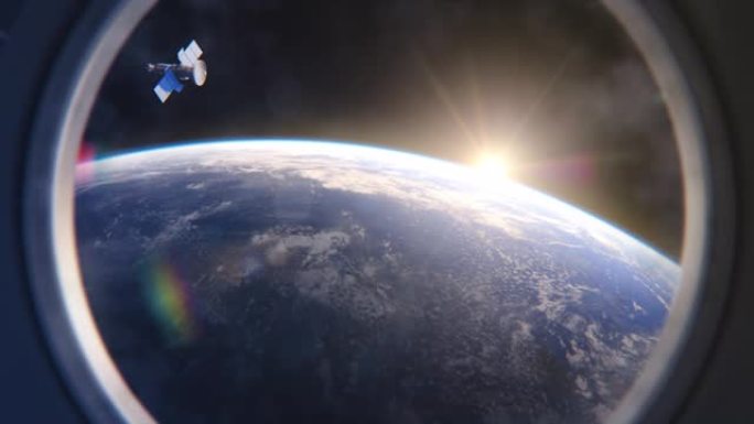 从国际空间站舷窗看到的地球令人惊叹的景色。升起的太阳照亮了我们的蓝色星球和卫星。科学精确的3D VF