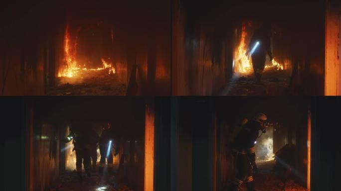 消防员在火中奔跑并寻找幸存者