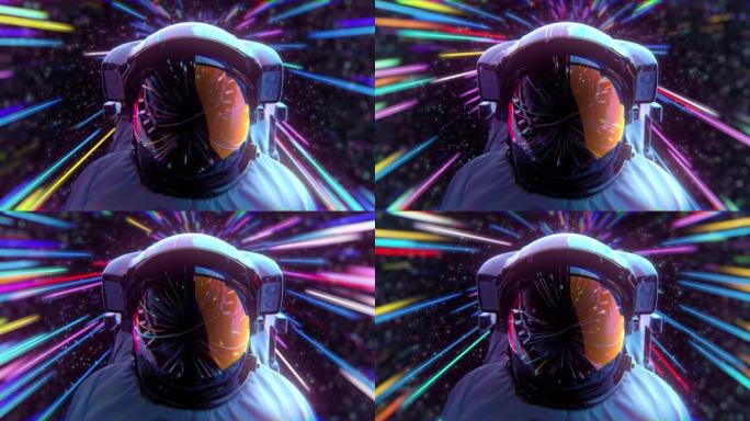 视频游戏屏幕保护程序，宇航员戴着头盔，对着霓虹灯条纹。黑暗空间中霓虹灯激光的宇航员。循环背景动画