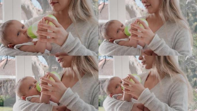 母亲用奶瓶喂养婴儿饮用爱妈妈在家照顾婴儿母亲责任4k
