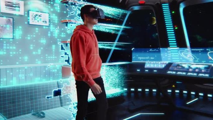 未来派视频游戏概念: 坐在沙发上的玩家戴上虚拟现实耳机并进入增强现实行动，他是穿越银河战斗的太空飞船