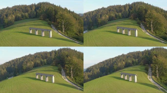 空中: 一个空的干草晾衣架站在Bohinj的草地中间。