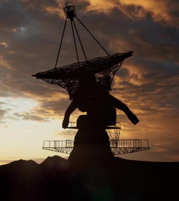 射电望远镜的特写镜头朝上在彩色的日落天空下。天文学概念