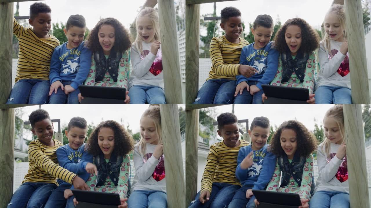 一群年轻朋友在外面一起使用数字平板电脑的4k视频片段