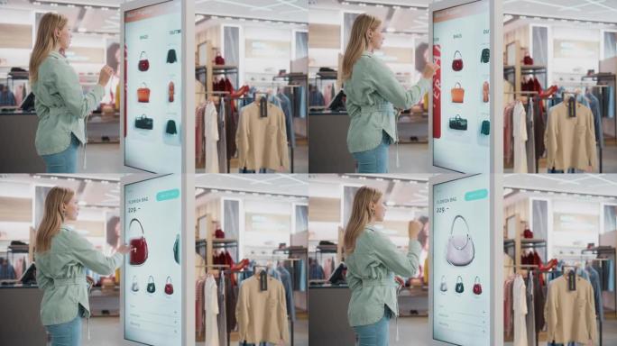 美丽的女性顾客在服装店购物时使用落地式液晶触摸显示器。她正在选择时尚的手袋，从系列中挑选不同的设计。