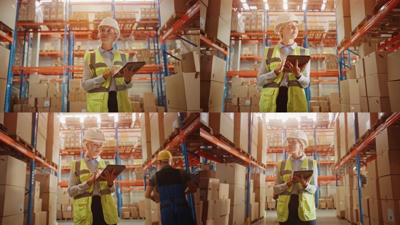 专业自信的工人戴着安全帽，用数字平板电脑在装满货物的零售仓库中检查库存和库存。在物流、配送中心工作