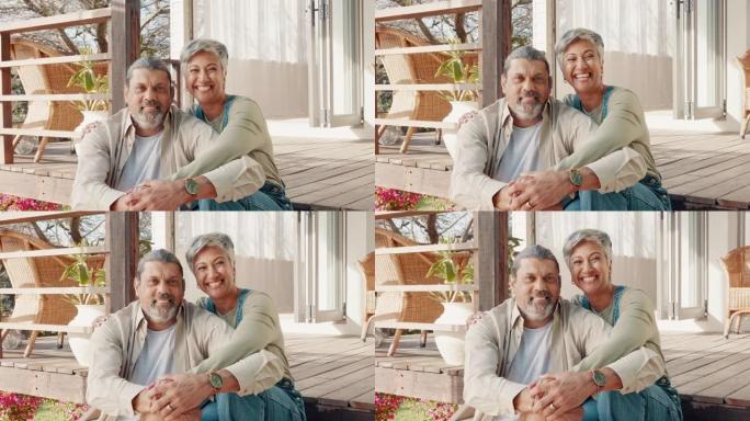 高级夫妇，在家庭门廊的户外爱和拥抱，结合和微笑。肖像，放松和退休，老年人和快乐的男人和女人坐在屋外的
