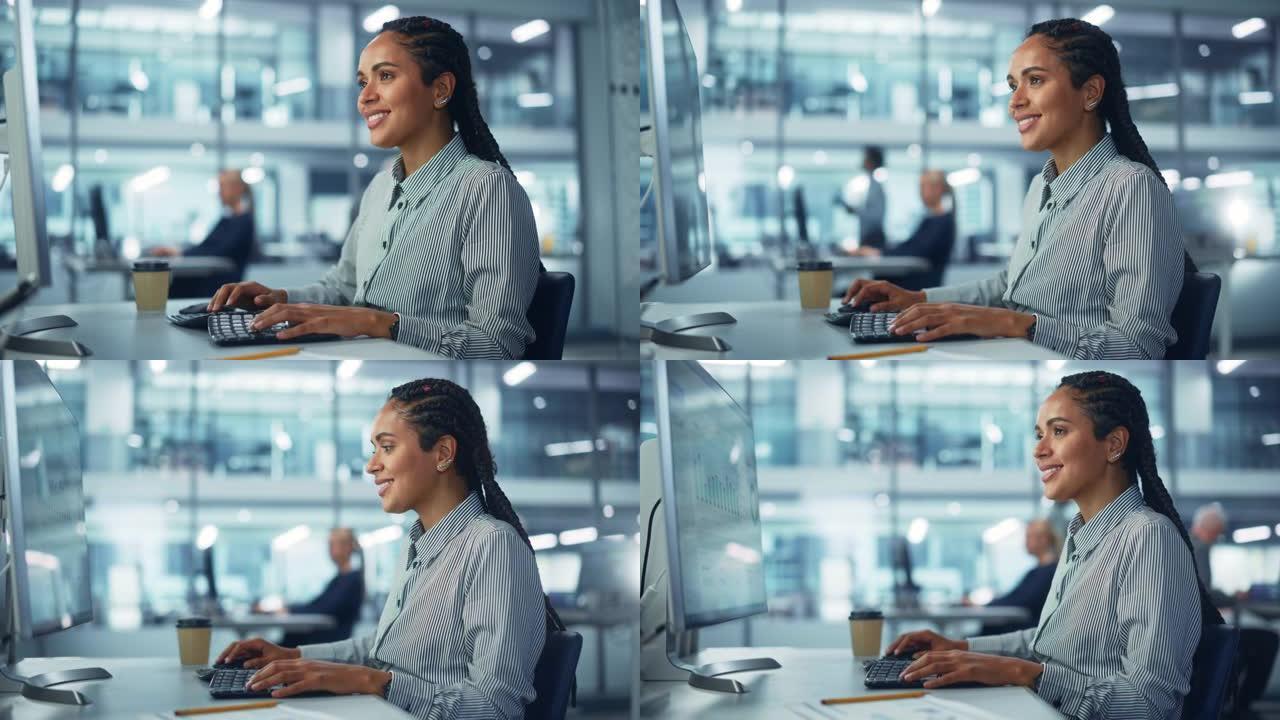 公司办公室: 黑人女性it技术人员使用台式计算机，使用大数据统计，图表。微笑的创意软件工程师从事电子