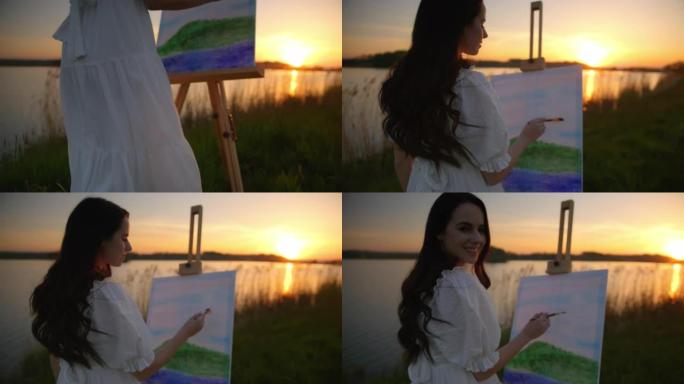 黄昏时，女艺术家在湖边的画布上绘画