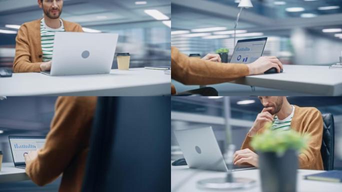 360度现代办公室: 白人商人坐在他的办公桌上，在笔记本电脑上工作。从事大数据电子商务分析的人。精力