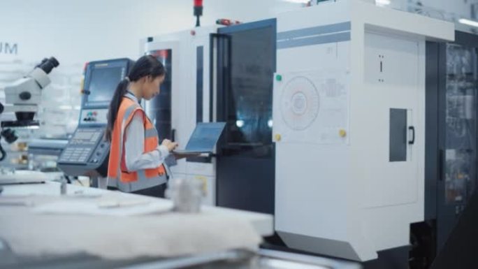带笔记本电脑的研发专家来工厂操作重工业机器。亚洲女技术员借助计算机配置工业机械。