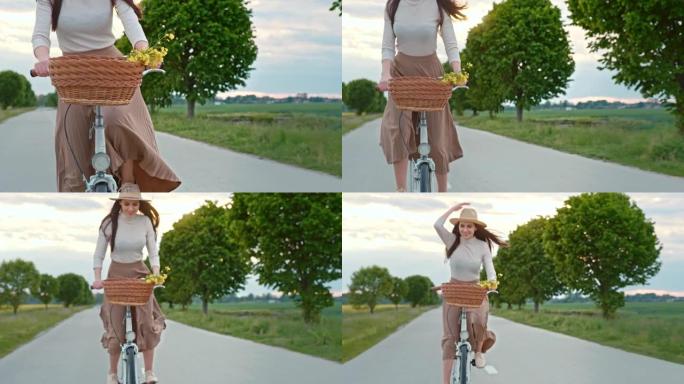 慢动作时尚年轻女子骑自行车