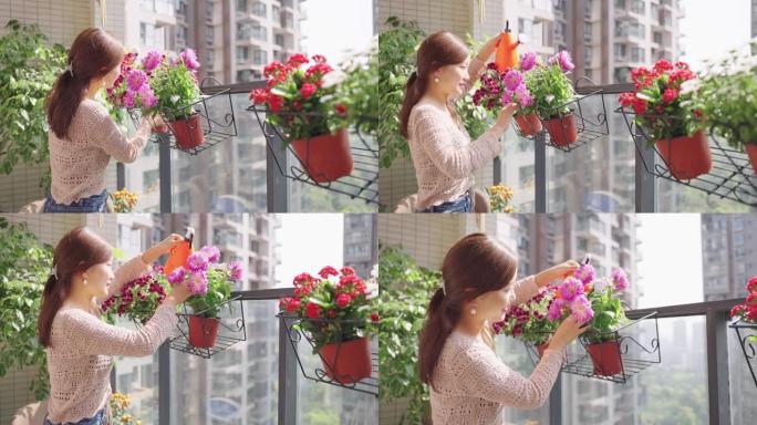 阳台上的亚洲女人养花
