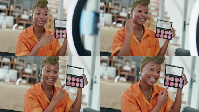 美容，化妆和影响者与黑人妇女和产品的评论，博客或社交媒体与电话和铃声。直播，广告或内容创作者与女孩和