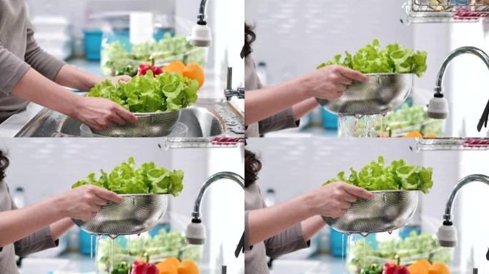 洗沙拉，慢动作洗沙拉蔬菜有机