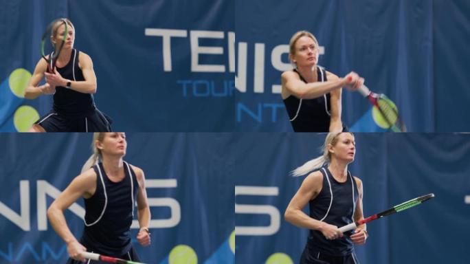 女子网球运动员在锦标赛中用球拍击球。职业女运动员成功接受打击。世界体育比赛。慢动作中景回放