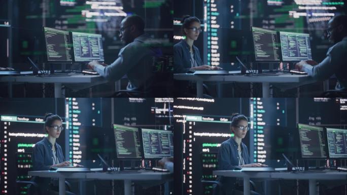 在监控室工作的两个同事的肖像，周围是大屏幕，显示编程语言代码行。专业黑客突破网络安全保护系统