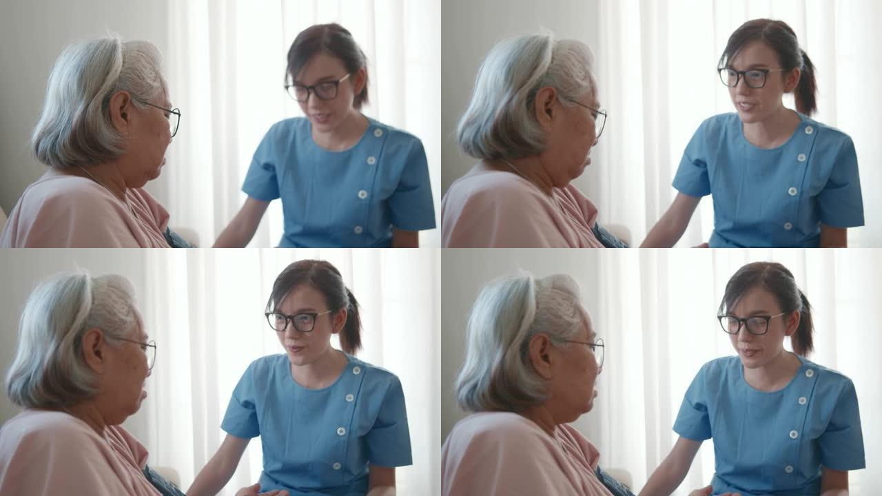 女医生检查老年患者。