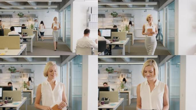 4k视频片段，一位迷人的年轻女商人走过办公室并感到自豪
