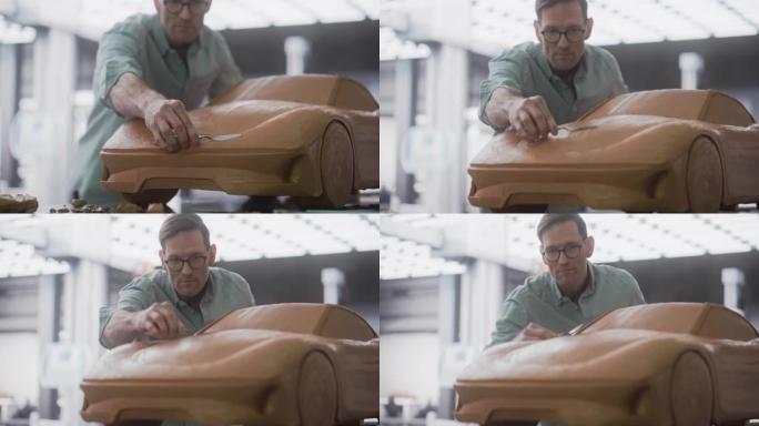 汽车设计师雕刻新量产车的3D粘土模型的肖像。专业工程师使用刮刀仔细修剪原型概念车的表面