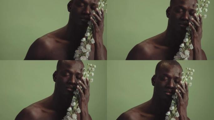 带花的黑人男性时尚电商模特美女护肤广告拍