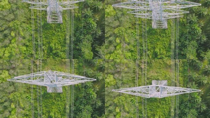 电力塔的俯视图，森林中的山上的电力线。经典能源概念。