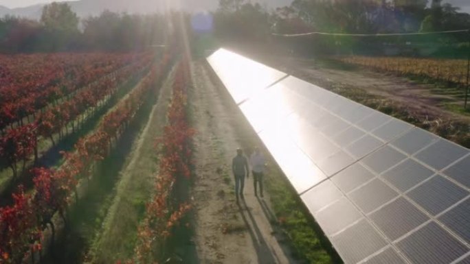 清洁能源农村农场的太阳能、农民和太阳能电池板。可持续农业农业，可再生能源行业或现场电气工程合作伙伴关