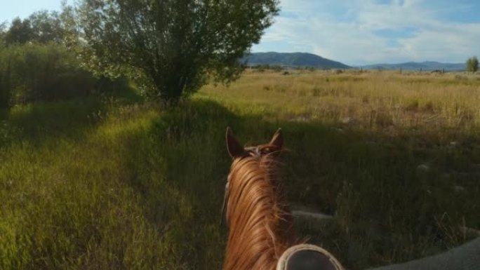 日落时分，女子骑马穿过草地的POV镜头