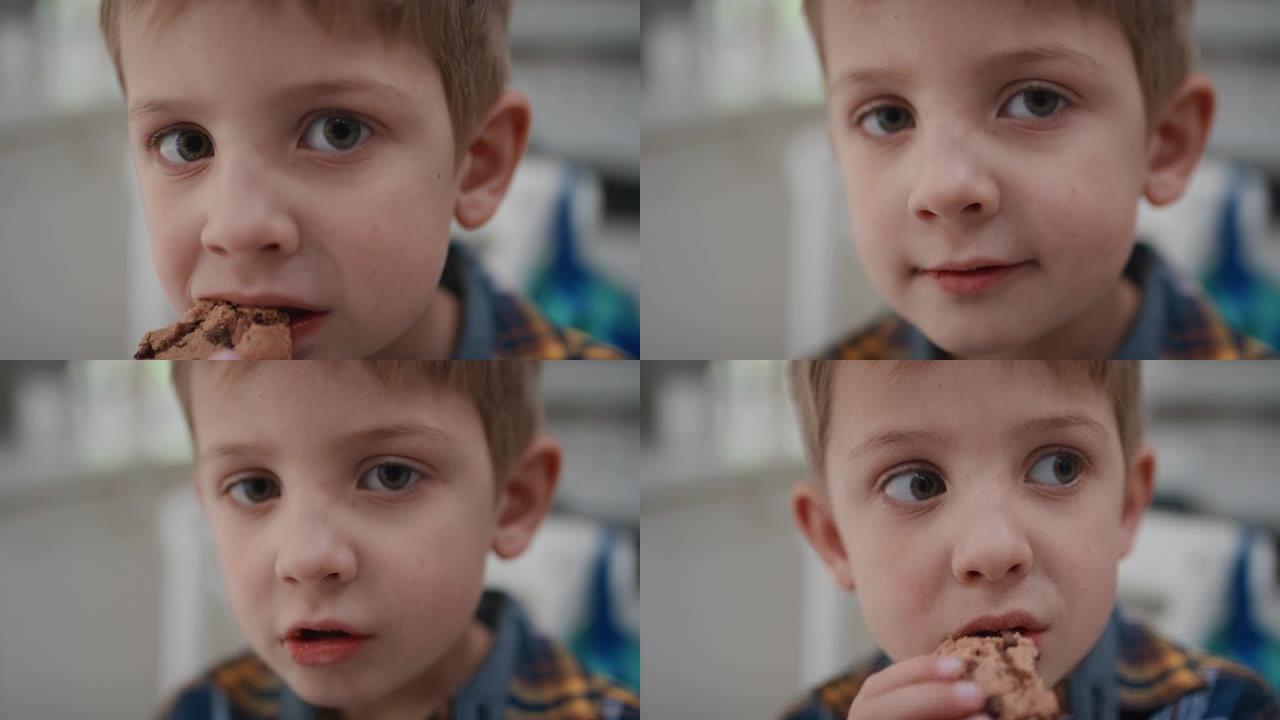 肖像有趣的小男孩吃饼干看起来害羞的孩子带着童年的好奇心在家4k