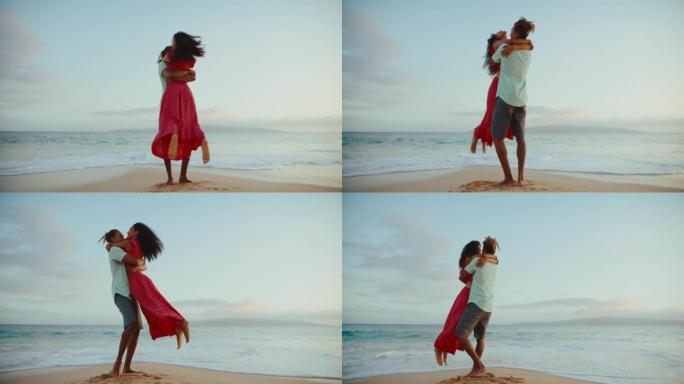 海滩上的顽皮夫妇外国人视频素材情侣拥抱在