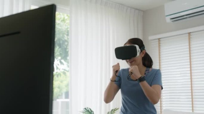 远程在家锻炼在VR体育应用程序城市生活的乐趣体验。