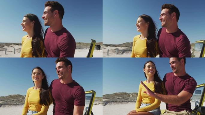 快乐的高加索夫妇坐在海边的沙滩车里聊天