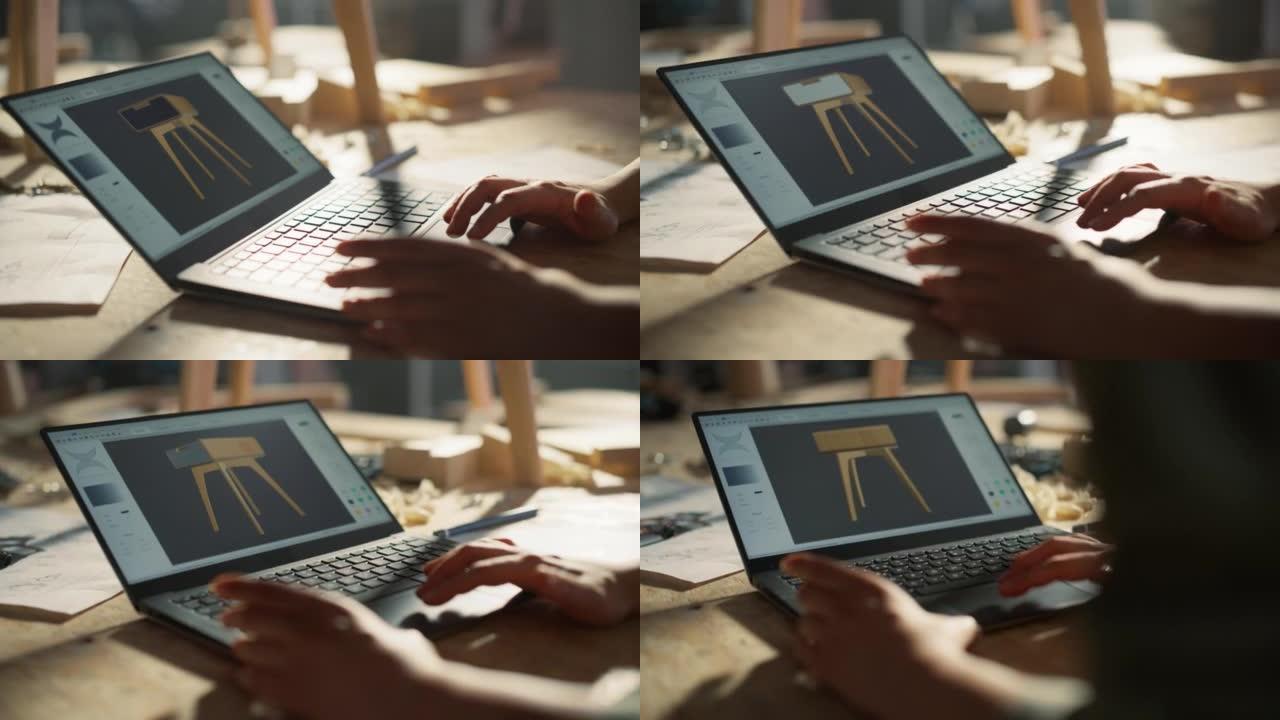 在笔记本电脑上工作的家具设计师的特写镜头，创建了时尚的木制床头柜的数字3D模型。有创造力的人在屏幕上