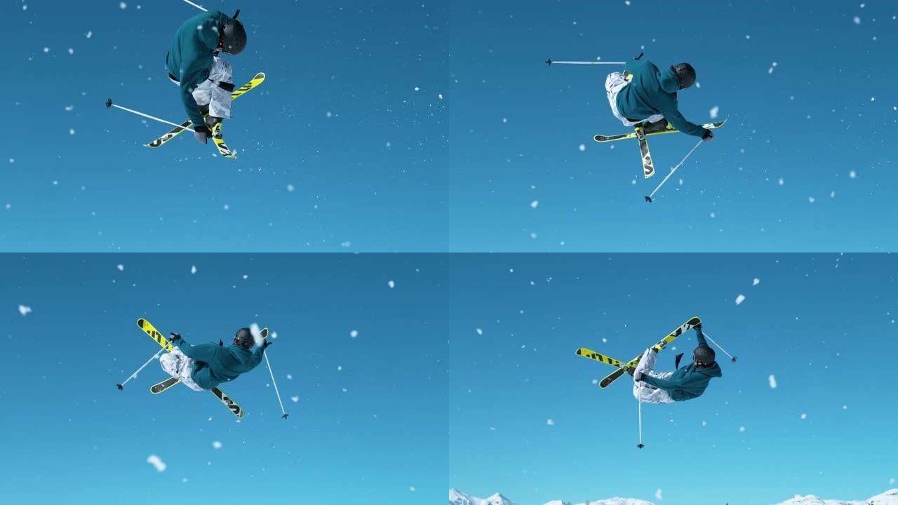 特写: 滑雪者脱下踢脚，并用交叉的滑雪板进行旋转抓斗。