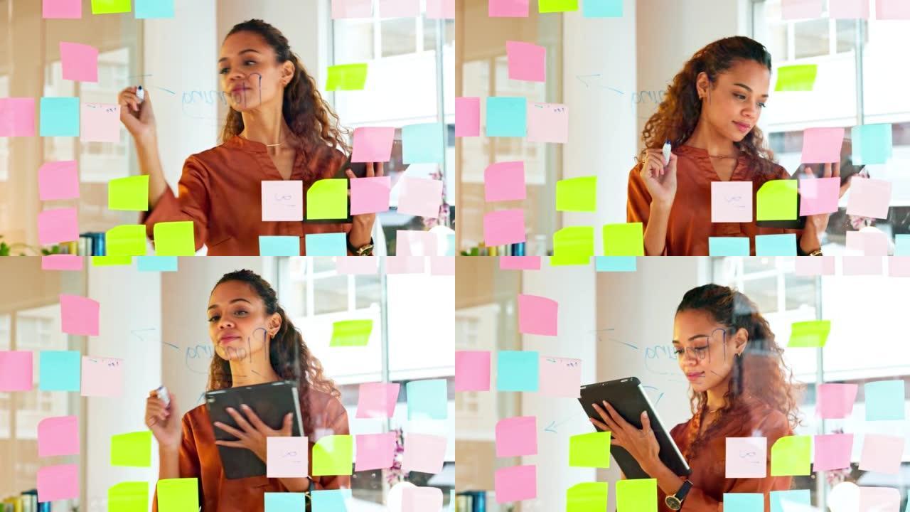 一位女性设计师在现代创意办公室的玻璃墙上计划创意，并带有彩色便签。忙碌的女商人在头脑风暴项目和管理项