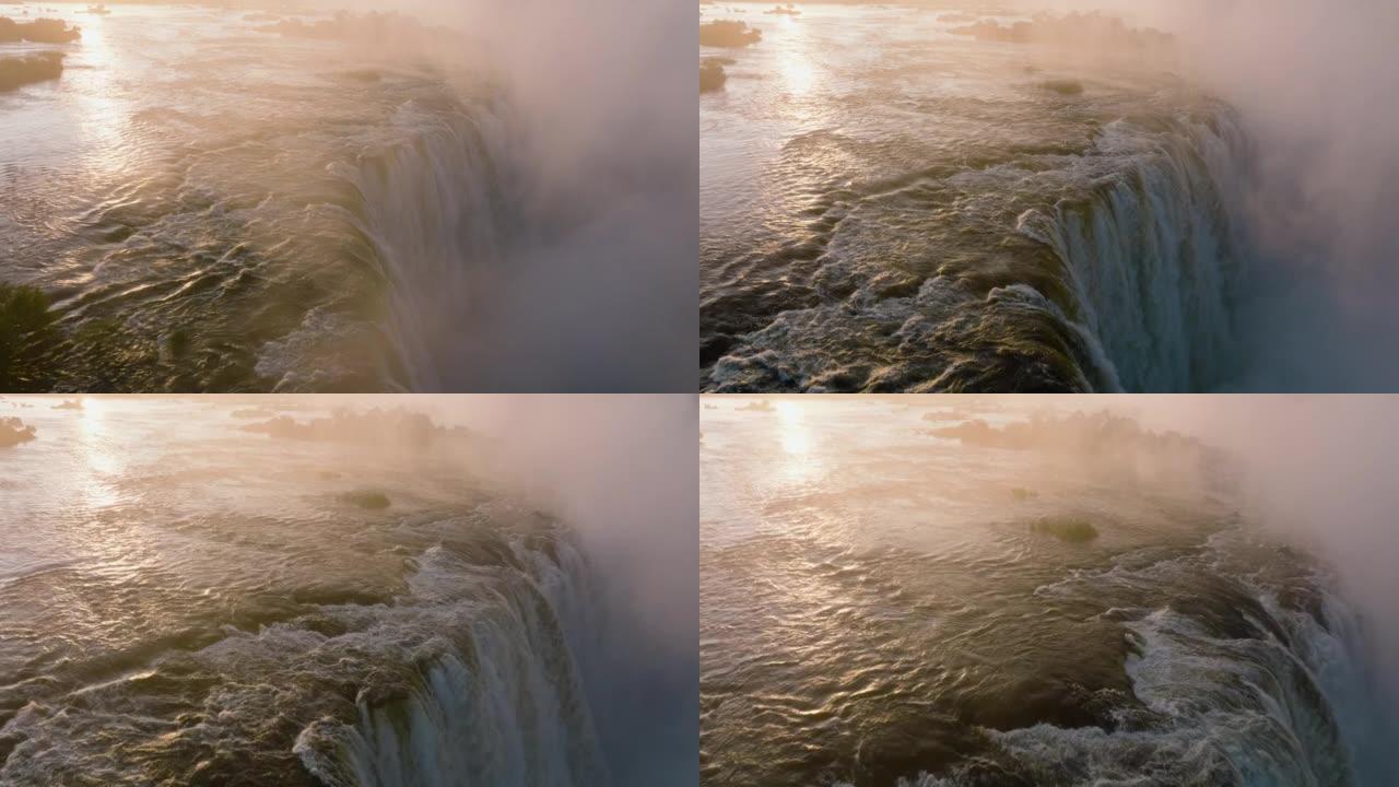 联合国教科文组织世界遗产维多利亚瀑布边缘涌水的空中特写日出视图