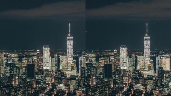 曼哈顿市中心夜间天际线的T/L平底锅鸟瞰图/纽约