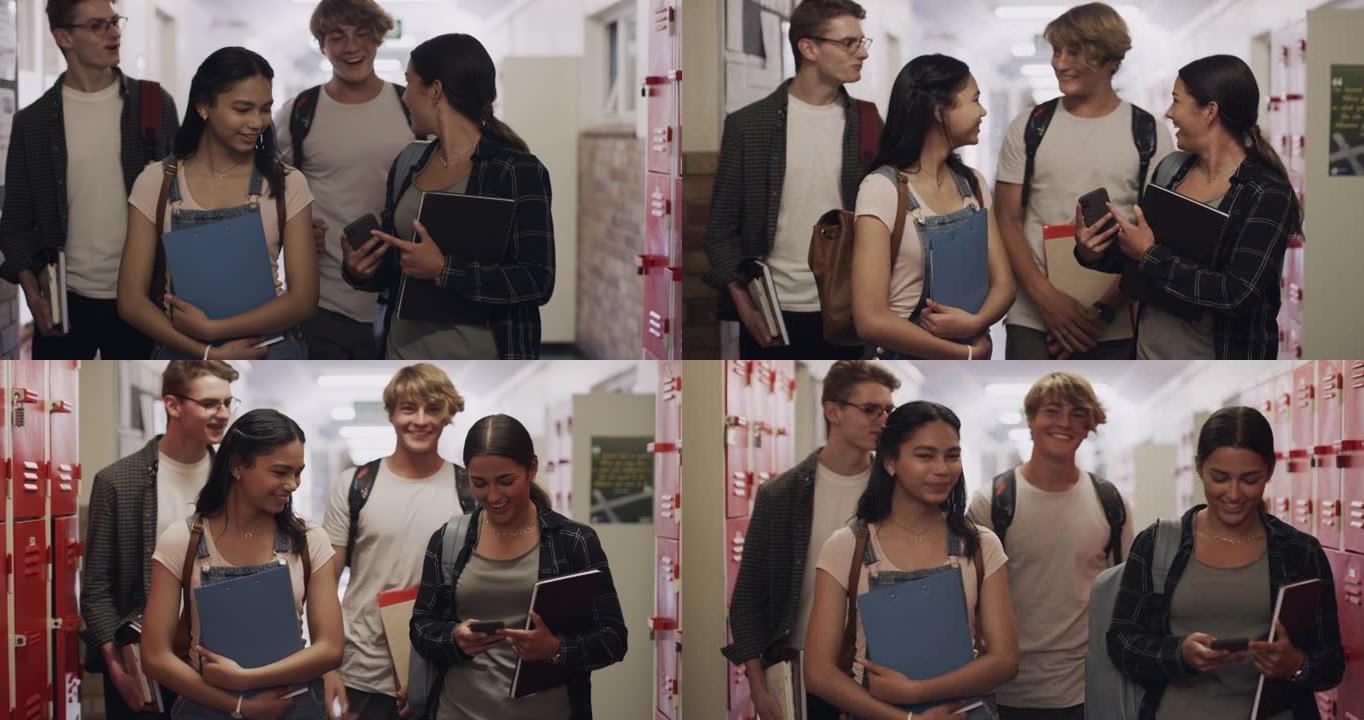 一群青少年在高中时走下大厅并使用智能手机的4k视频片段