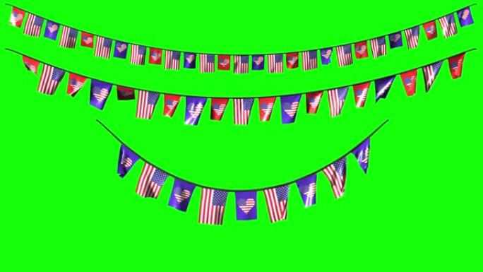 用阿尔法频道在绿色上悬挂美国独立日7月4日的国家装饰品