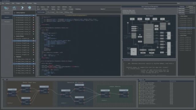 开发人员软件代码模拟与通用编程语言。具有多个窗口的灰色监控界面。电脑显示器和笔记本电脑屏幕的夜间模式