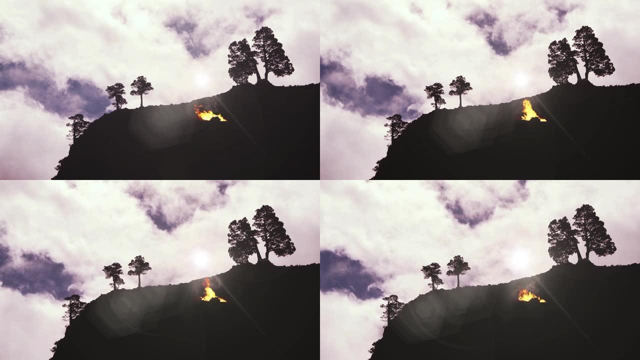 日落时在靠近树木的山顶上篝火。巴塔哥尼亚、阿根廷、南美洲。放大。
